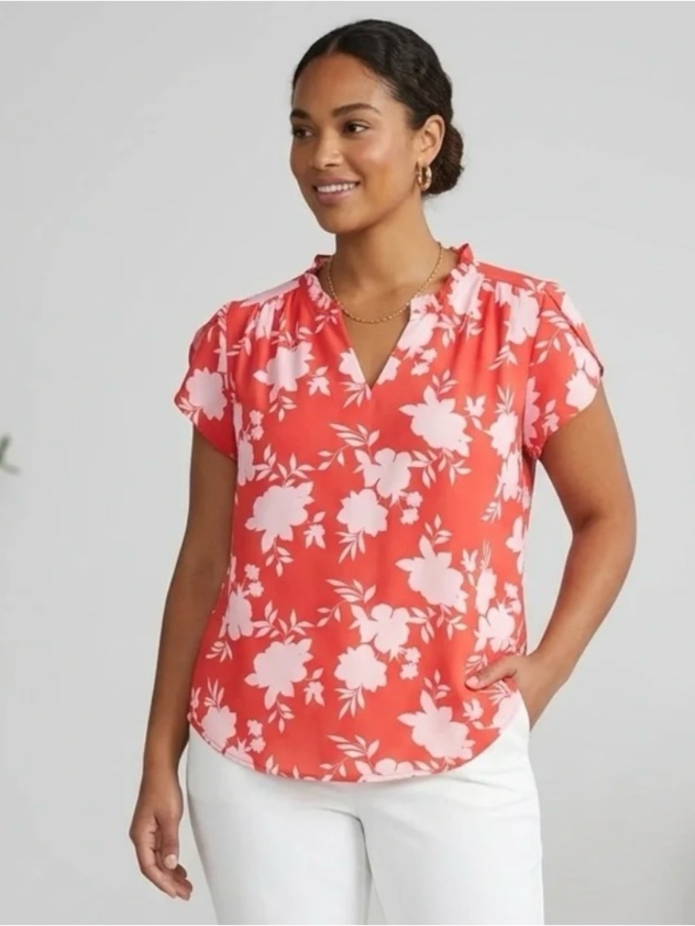 Orange/Ref Floral Short-Sleeve Blouse